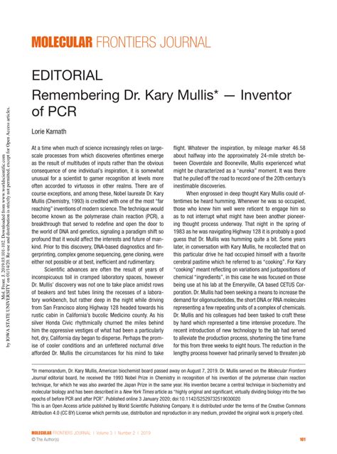 (PDF) EDITORIAL: Remembering Dr. Kary Mullis — Inventor of PCR