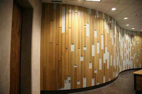 an office building with wood paneling on the walls