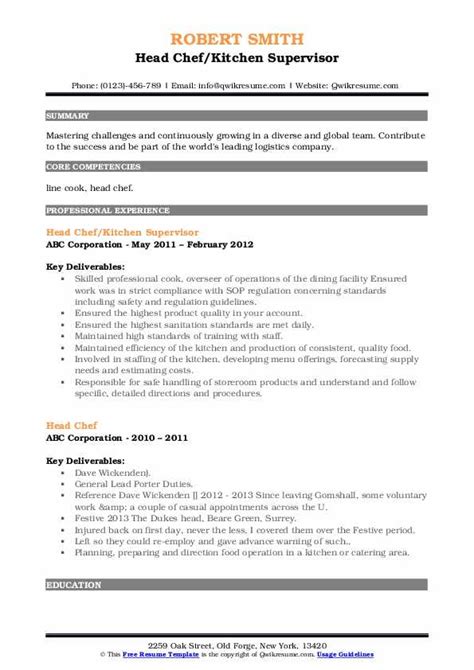 Head Chef Resume Samples | QwikResume