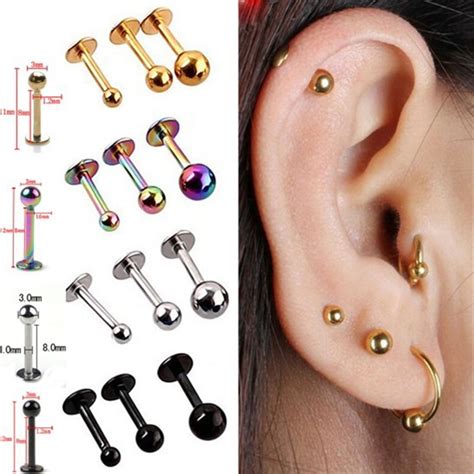 5Pcs Surgical Stainless Steel Tragus Helix Bar Ball Labret Lip Cartilage Top Upper Ear Studs ...