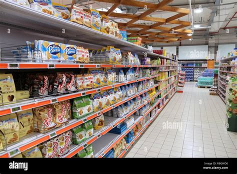 APULIA, ITALY - JUNE 6, 2017: Supermarket cookie aisle in Apulia region of Italy. Italian ...