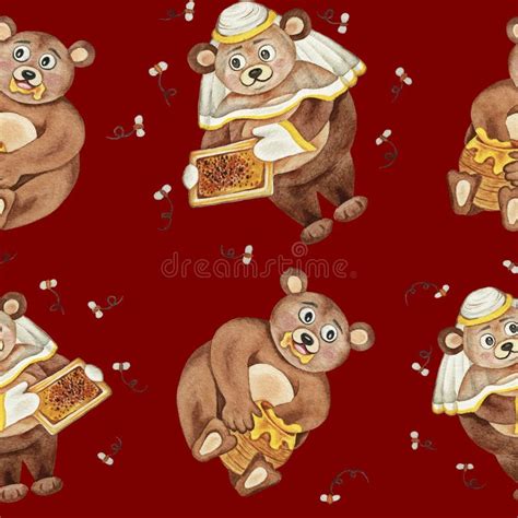 Illustration of Watercolor Hand Drawn Cute Cartoon Bear Eating Sweet Honey and Bear Beekeeper ...