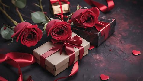 Happy Valentines Day Gift Box And Roses On Dark Red Background Copy Space, Valentines Day Gift ...