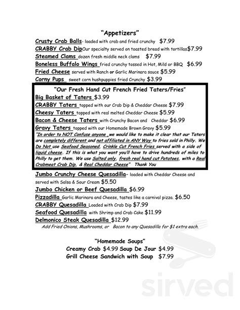 Crusty Crab Seafood Shack menu in Greenbackville, Virginia