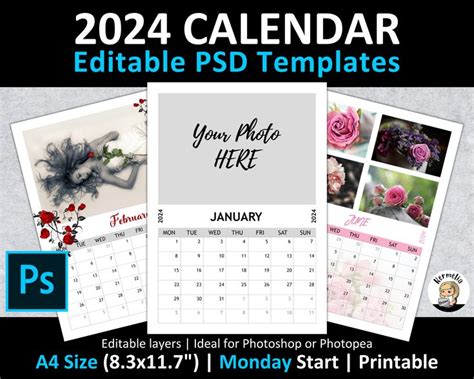 A4 8.3x11.7 2024 CALENDAR PSD Template Monday Start Editable Layers ...