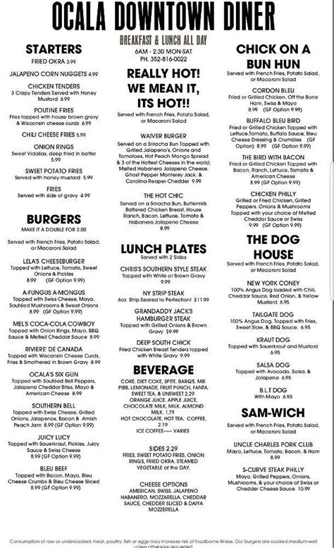 Menu at Ocala Downtown Diner restaurant, Ocala