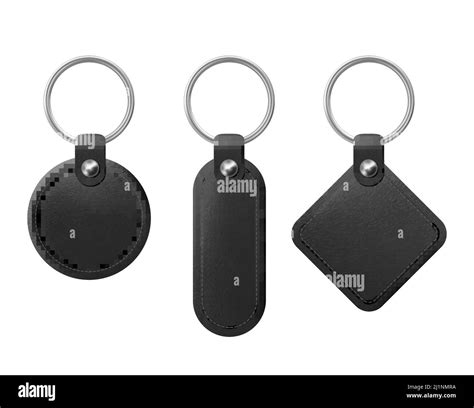Leather keychain, holder trinket for key with metal ring. Vector realistic template of black fob ...