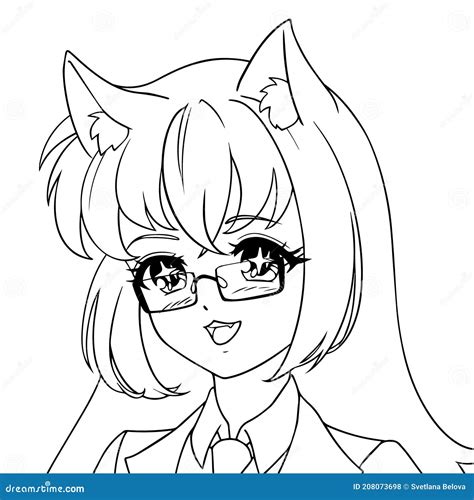 Cute Anime Girl With Long Hair Wearing Glasses. Vector Illustration ...