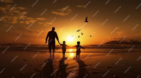 Premium AI Image | Family silhouette playing on the beach at sunset