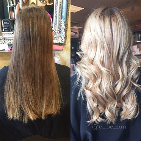 Before and after a full head of blonde balayage | Warm blonde hair, Blonde hair color, Brown ...