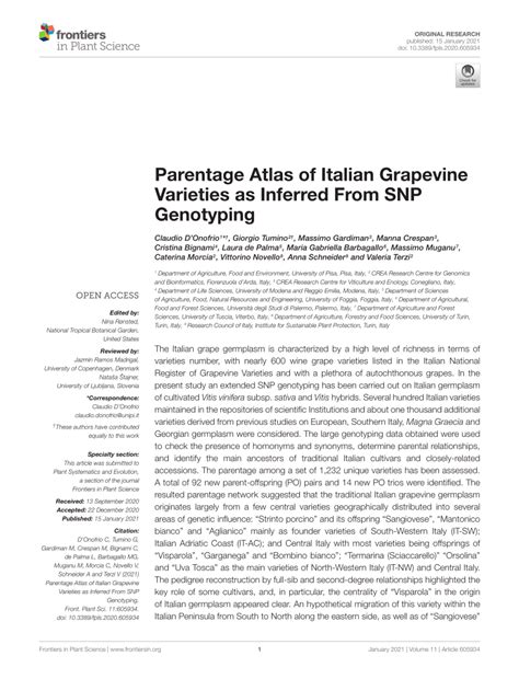 (PDF) Parentage Atlas of Italian Grapevine Varieties as Inferred From SNP Genotyping