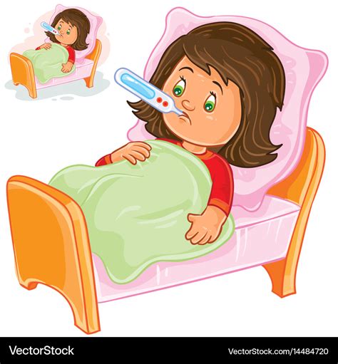 Sick little girl lies in bed with a Royalty Free Vector