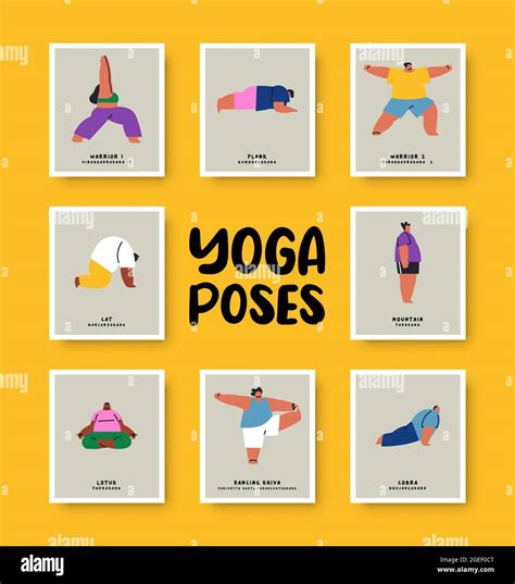 Set of different yoga pose list with names and funny young people cartoon. Diverse characters ...