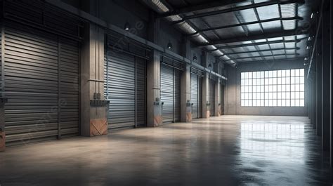 Shutter Doors In 3d Rendered Warehouse Interior Background, Factory Building, Hangar, Industrial ...