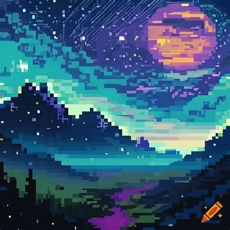 A night landscape, full of stars and planets, pixel art, 16 bits ...