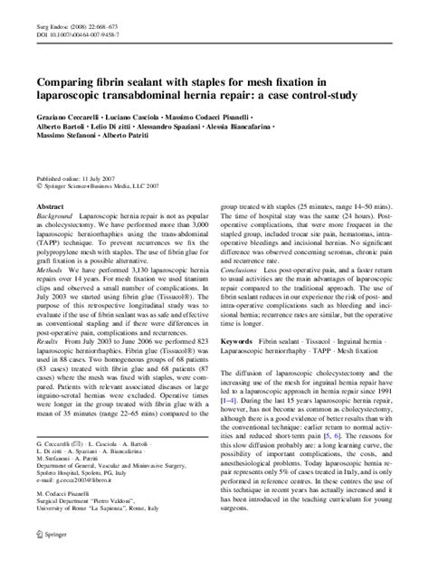 (PDF) Comparing fibrin sealant with staples for mesh fixation in laparoscopic transabdominal ...