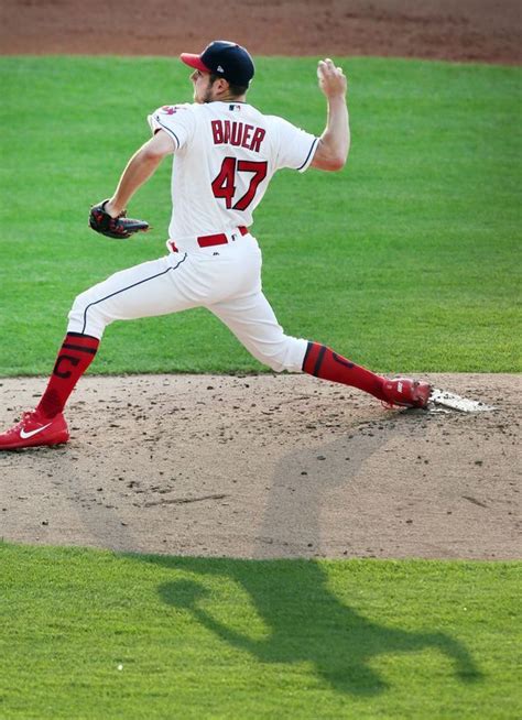 Cleveland Indians Trevor Bauer pitching against the Los Angeles Dodgers ...