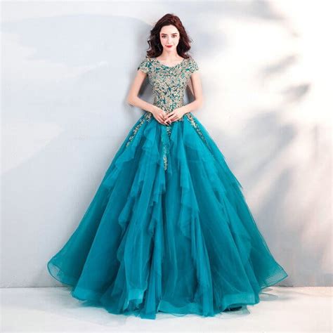 Peacock Blue Dress Cap Sleeves Ball Gown Quinceanera Dress