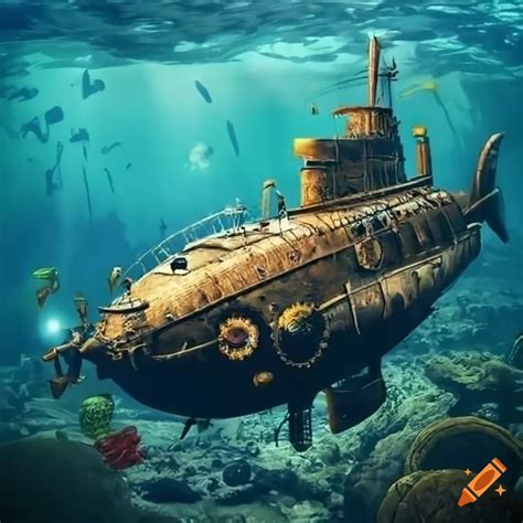 Steampunk submarine exploring underwater ruins