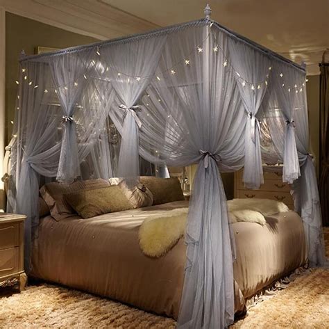 Nattey Gray Canopy Bed Curtains King Size - 4 Opening Mosquito Net Cozy ...