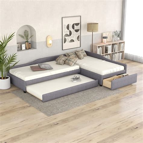 L Shaped Twin Beds, Upholstered Double Twin Size Daybed with Trundle ...