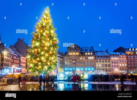 Strasbourg, France - December 2019. Place Kebler and Christmas Tree, Capitale de Noel in Alsace ...