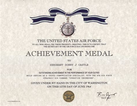 Air Force Achievement Medal Certificate, Replacement Certificate