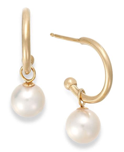 Macy's Cultured Freshwater Pearl Hoop Earrings In 14k Gold (6mm) in Metallic | Lyst