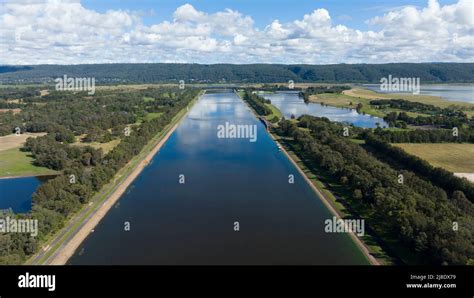 Drone aerial photograph of the rowing course at the Sydney International Regatta Centre in ...