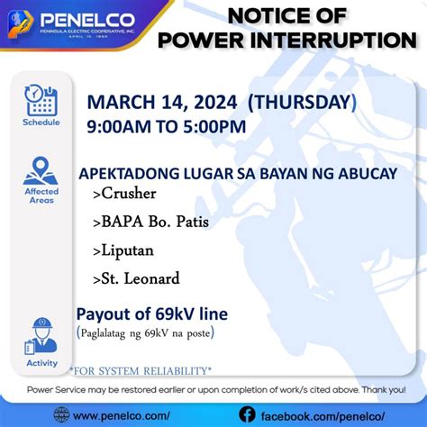 Power Interruption - Portion of Abucay - March 14, 2024 - PENELCO INC.