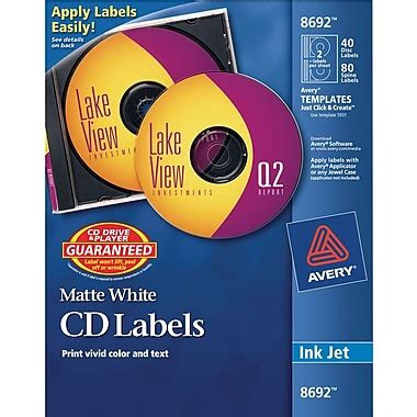 Avery 8692 Permanent Inkjet CD Labels, 40 Disc/80 Spine Labels, White Matte, 120/Pack (08692/ ...