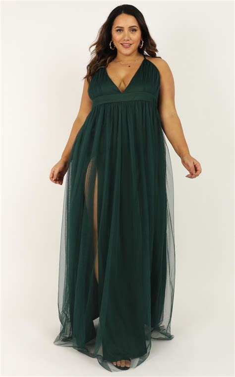 Like A Vision Dress In Emerald Mesh | Showpo Plus Size Evening Gown, Evening Gowns, Plunge Maxi ...