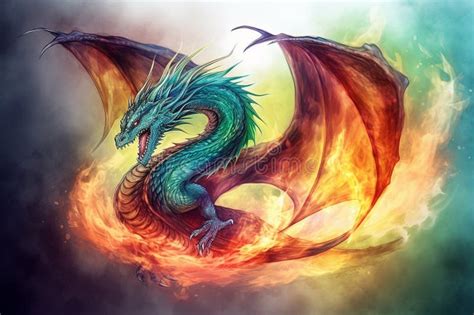 Dragon Spitting Fire and Flames. Fierce Dragon with Wings Open, Spitting Fire and Flames ...