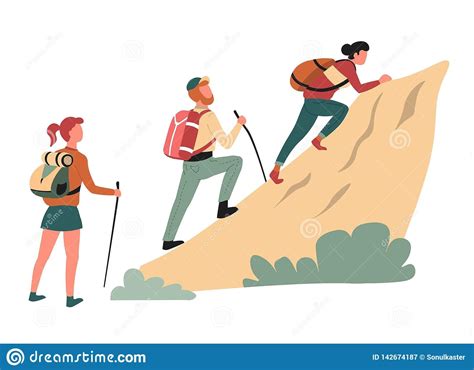 Hiking Climbing Cliff Man And Women Hikers Or Backpackers Stock Vector ...