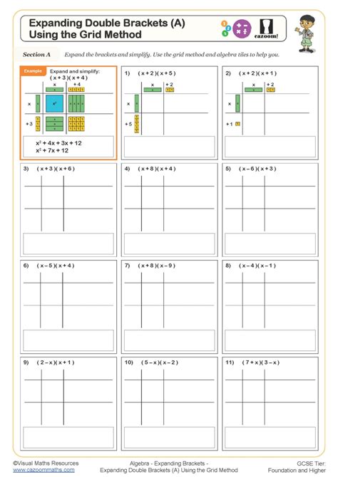 Expanding Double Brackets (A) Using the Grid Method Worksheet | Cazoom ...