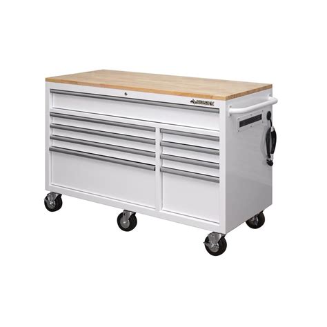 Husky 56 in. W 9-Drawer Deep Tool Chest Mobile Workbench in Gloss White with Hardwood Top ...