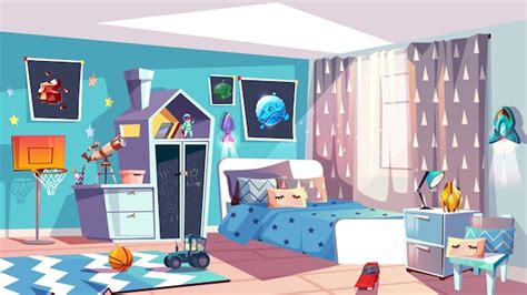 Kid boy room interior illustration of modern bedroom furniture in blue ...