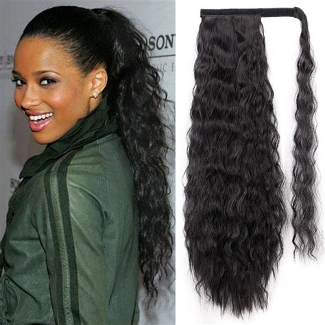 14 - 32 Inch Curly Human Hair Ponytail Wrap Around Ponytail Extensions #1B Natural Black