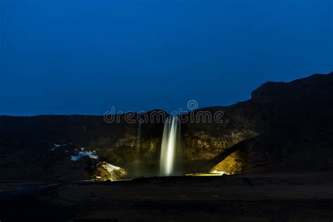 Seljalandsfoss by night stock image. Image of tourism - 65677607