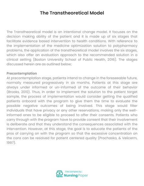 The Transtheoretical Model Essay [1038 words] | Nursing Paper