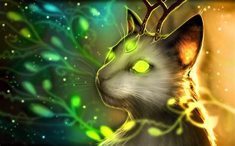 fantasy Art, Romantically Apocalyptic, Cat, Antlers, Glowing, Green Eyes Wallpapers HD / Desktop ...