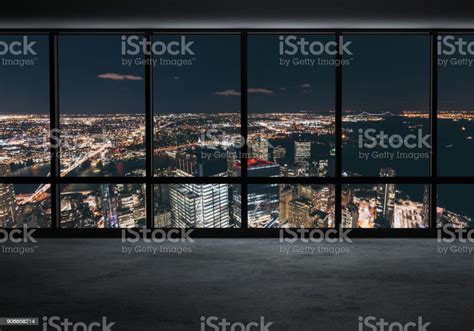 Window View Of Illuminated New York Skyline Stock Photo - Download ...