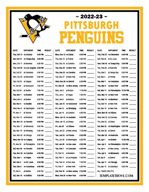 Printable 2022-2023 Pittsburgh Penguins Schedule