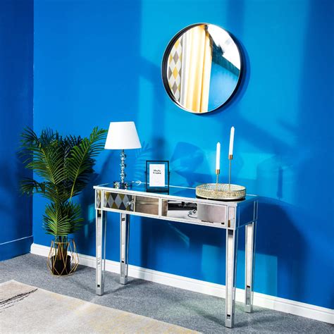 VINGLI Mirrored Console Table with 2 Drawers Mirrored Desk for Entryway Silver Vanity Table for ...