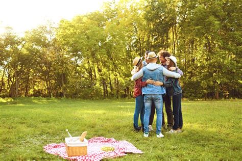 A Group of Friends Stands Embracing a Picnic in the Park. Stock Image ...