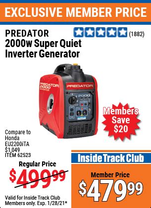 PREDATOR GENERATORS 2000 Watt Super Quiet Inverter Generator for $479. ...