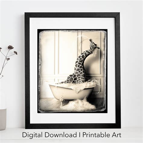 Cute Giraffe in Tub Printable Wall Art Vintage Art Giraffe Photo Giraffe Art Bathroom Art Print ...