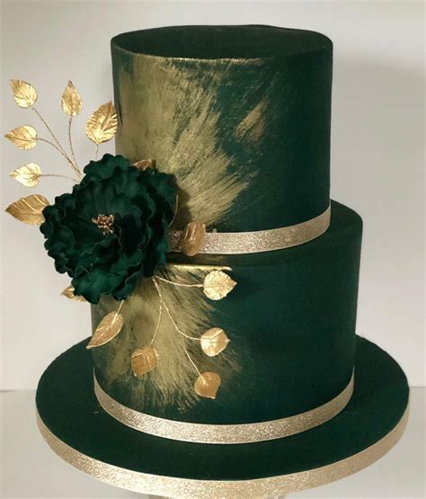 A 2 Tier Emerald Green Engagement Cake with Gold Brush Strokes and ...