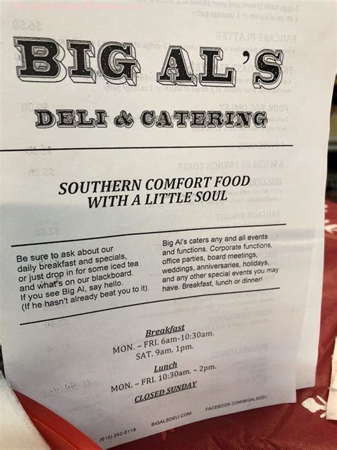 Online Menu of Big Als Deli Restaurant, Nashville, Tennessee, 37208 - Zmenu