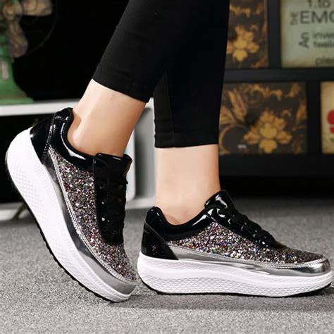 Women casual shoes bling lace up wedge sneakers for student shallow pig split high quality ...